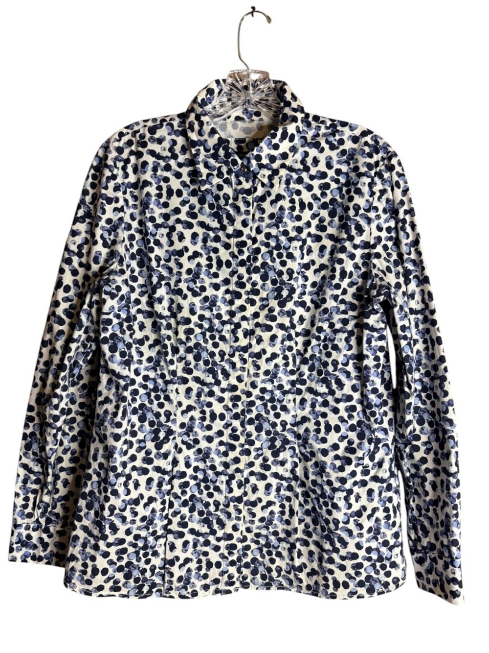 Lafayette 148 New York Blue Abstract Dot Stretch Cotton Shirt Medium - Picture 2 of 8